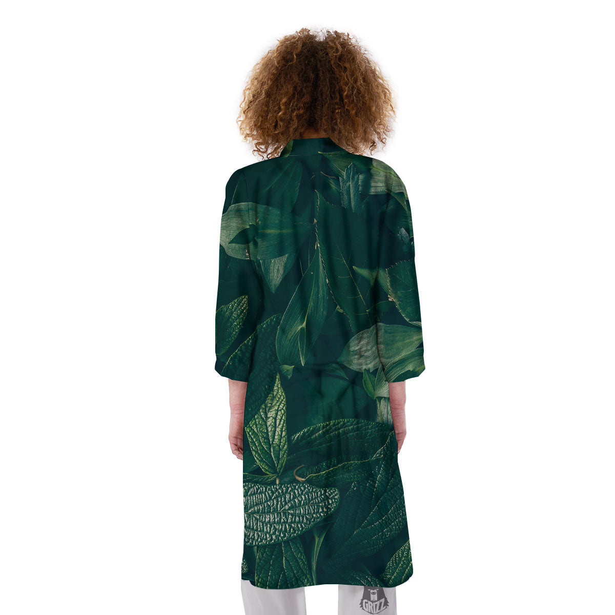 Green Natural Leaf Print Kimono-grizzshop