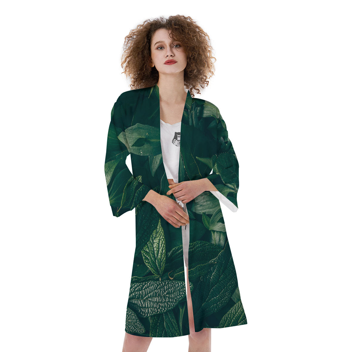 Green Natural Leaf Print Kimono-grizzshop