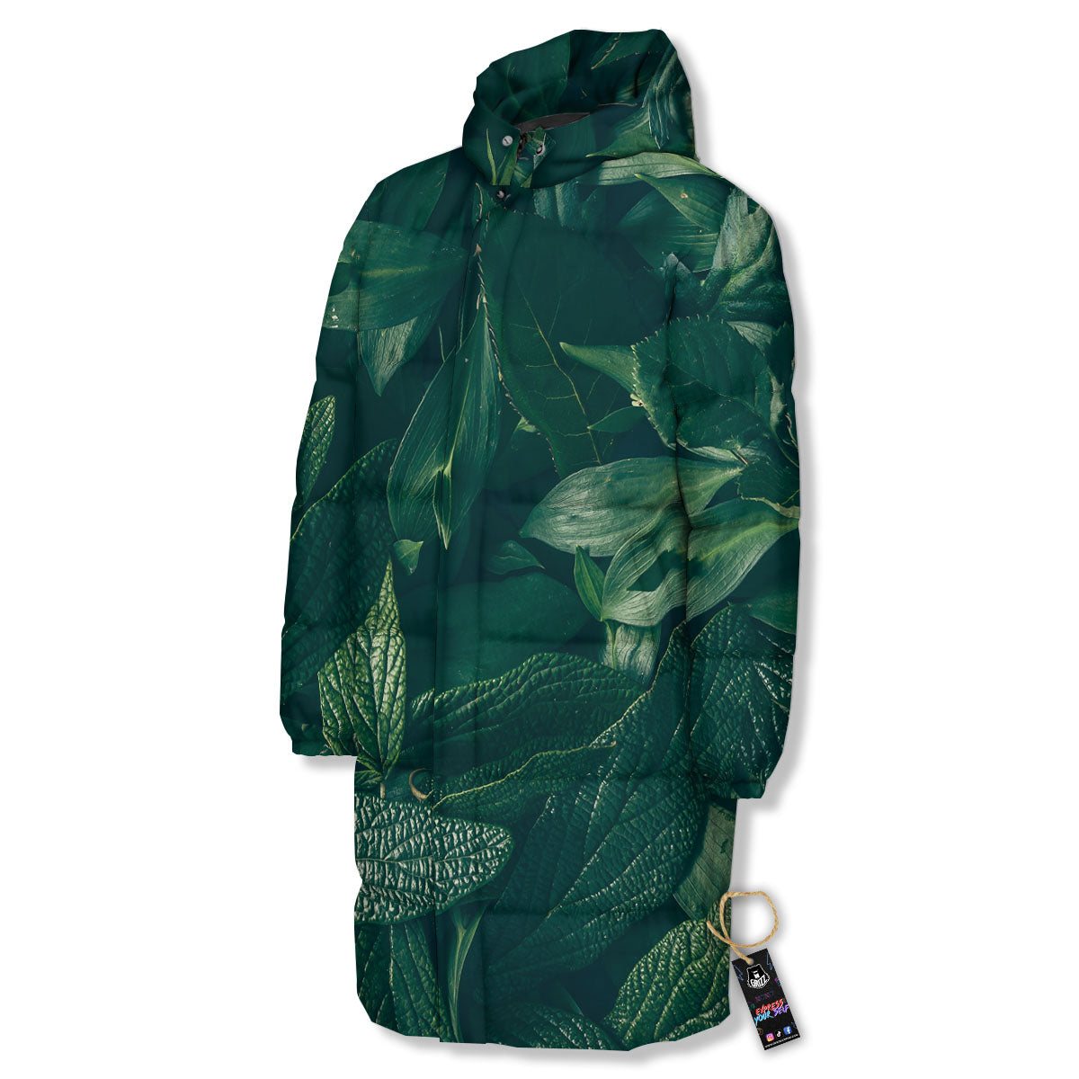 Green Natural Leaf Print Long Down Jacket-grizzshop