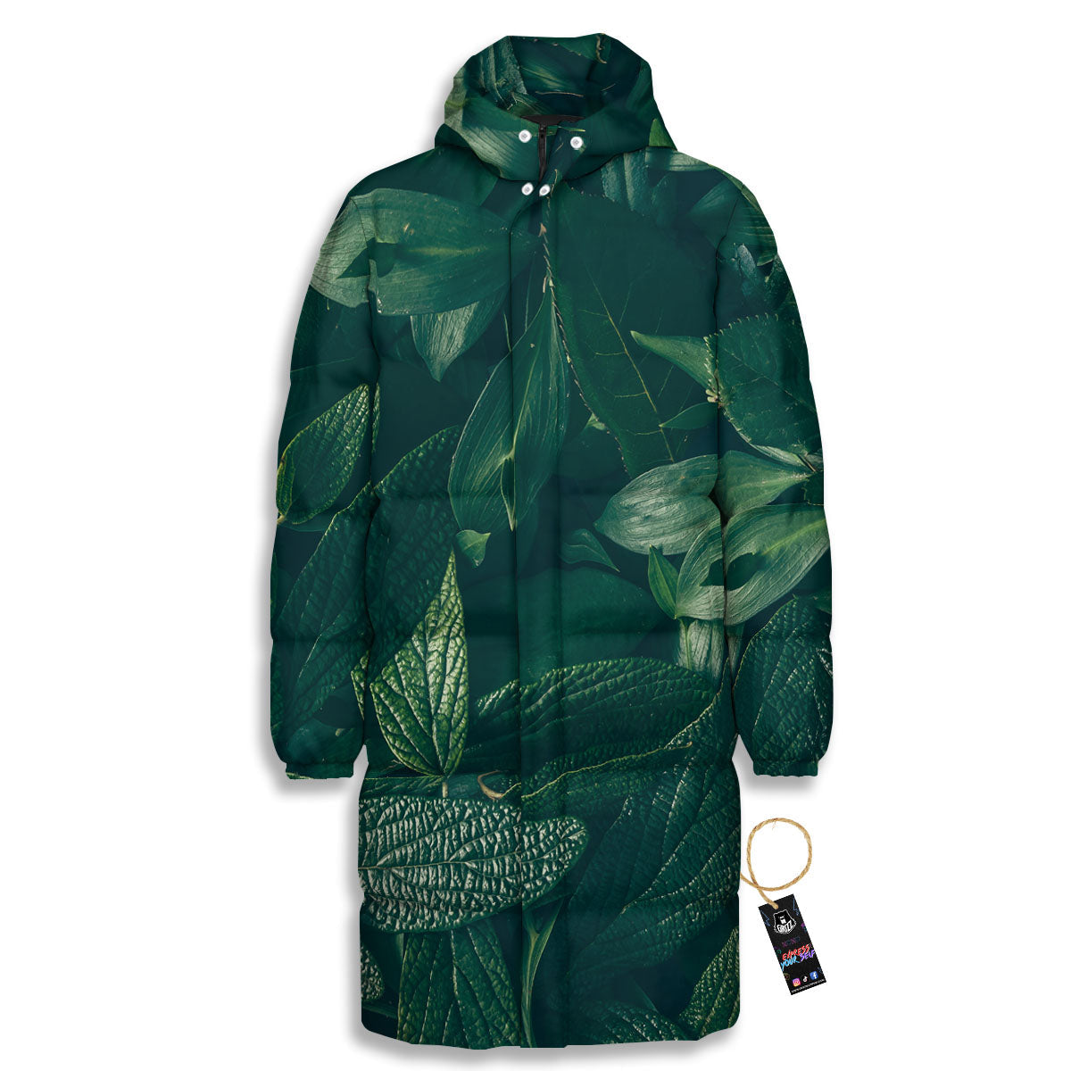 Green Natural Leaf Print Long Down Jacket-grizzshop