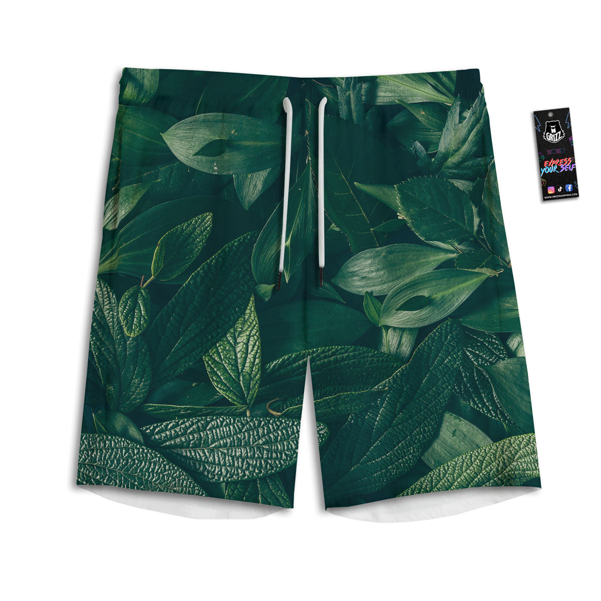 Green Natural Leaf Print Men's Athletic Shorts