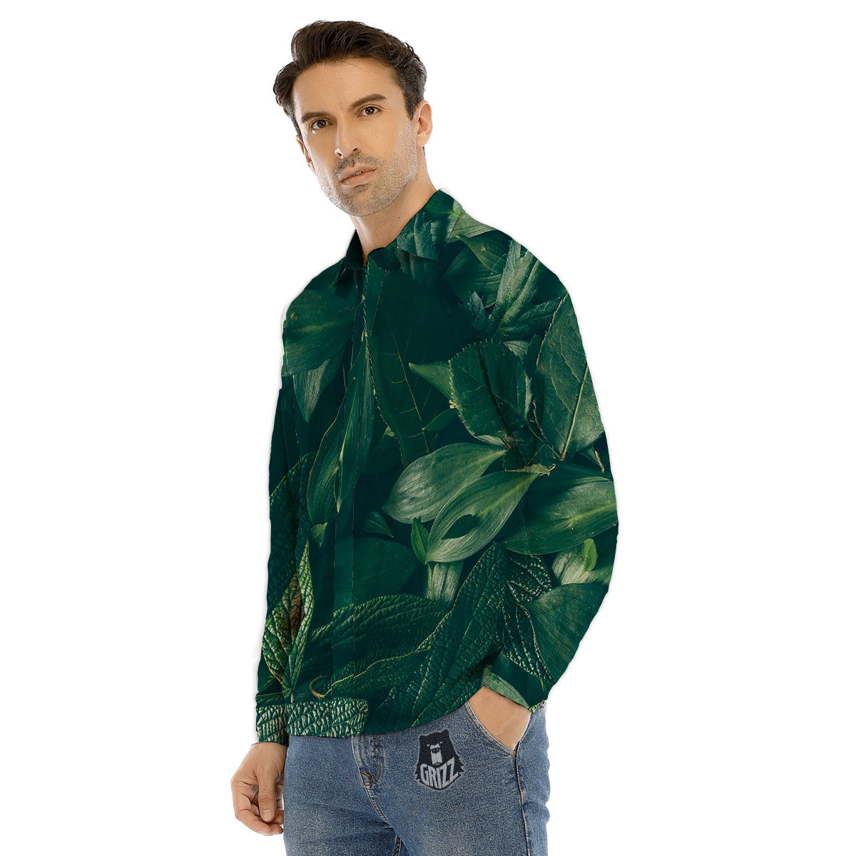 Green Natural Leaf Print Men's Dress Shirts-grizzshop