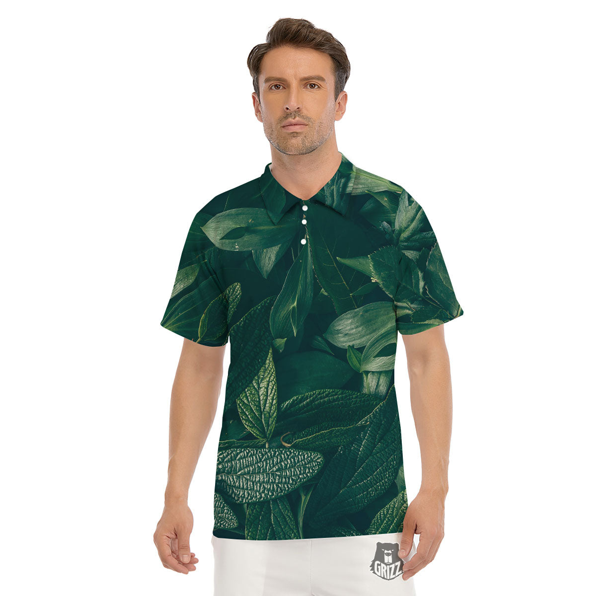 Green Natural Leaf Print Men's Golf Shirts-grizzshop