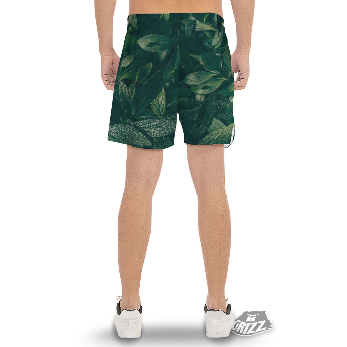 Green Natural Leaf Print Men's Gym Shorts-grizzshop