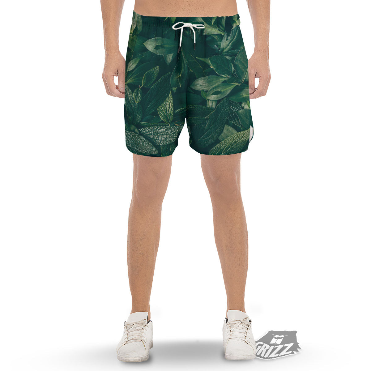 Green Natural Leaf Print Men's Gym Shorts-grizzshop