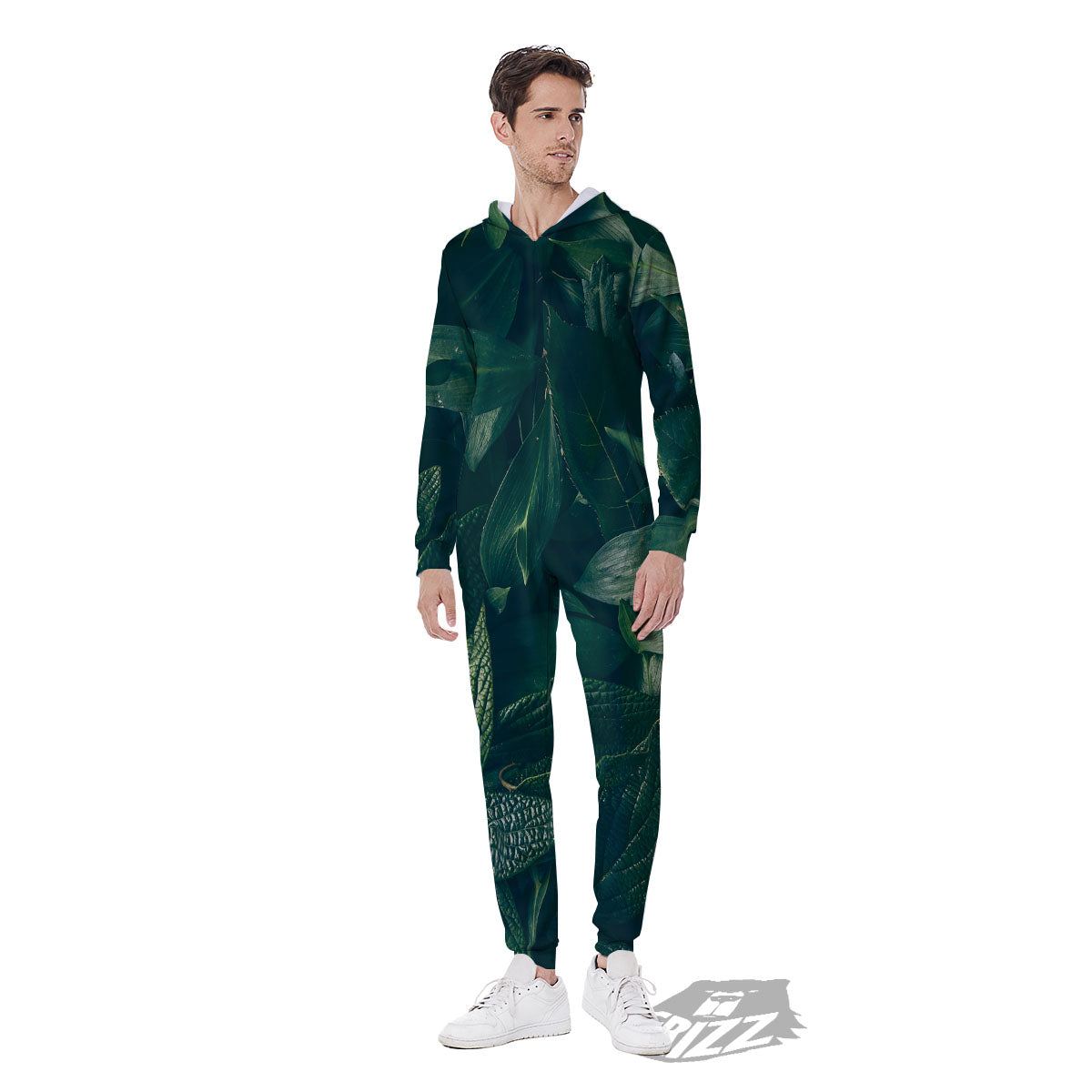 Green Natural Leaf Print Men's Jumpsuit-grizzshop