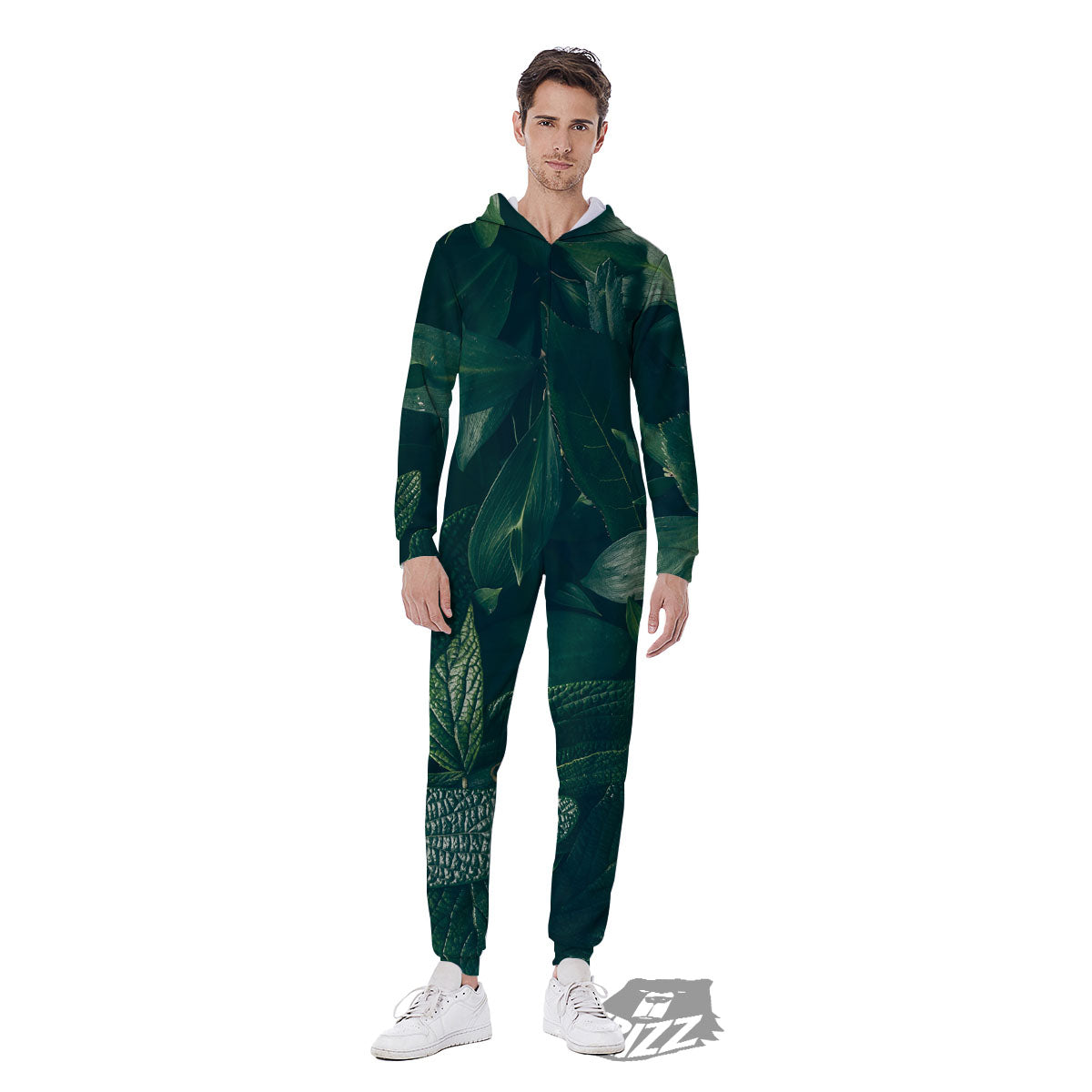 Green Natural Leaf Print Men's Jumpsuit-grizzshop