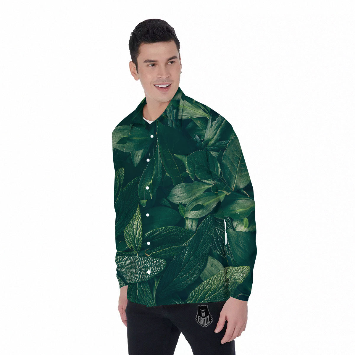 Green Natural Leaf Print Men's Long Sleeve Shirts-grizzshop