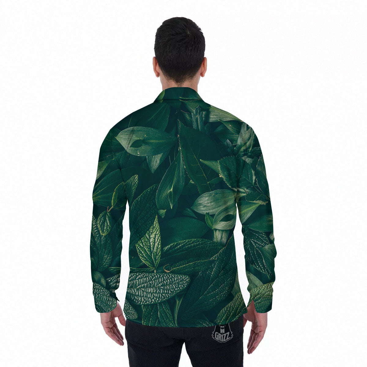 Green Natural Leaf Print Men's Long Sleeve Shirts-grizzshop