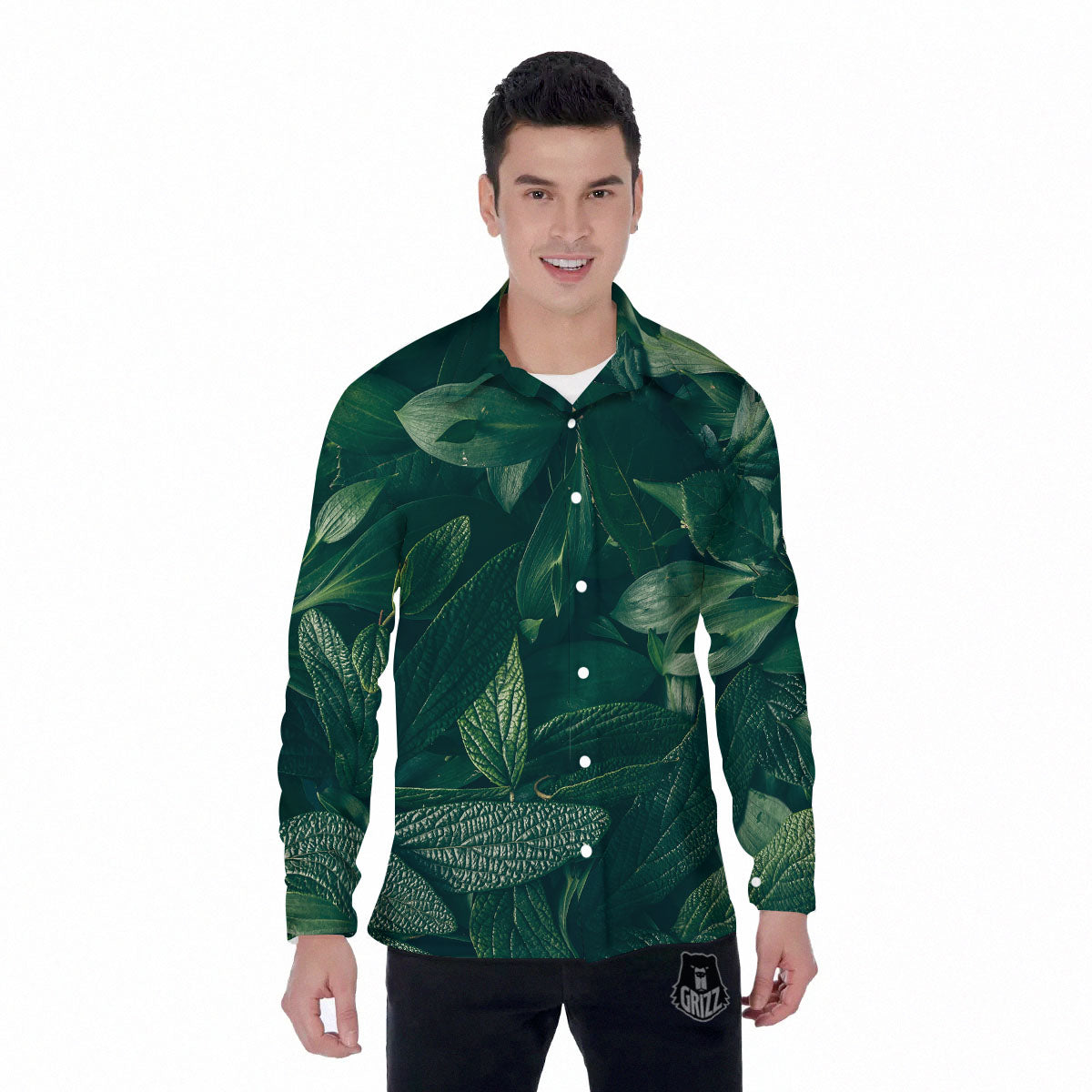 Green Natural Leaf Print Men's Long Sleeve Shirts-grizzshop