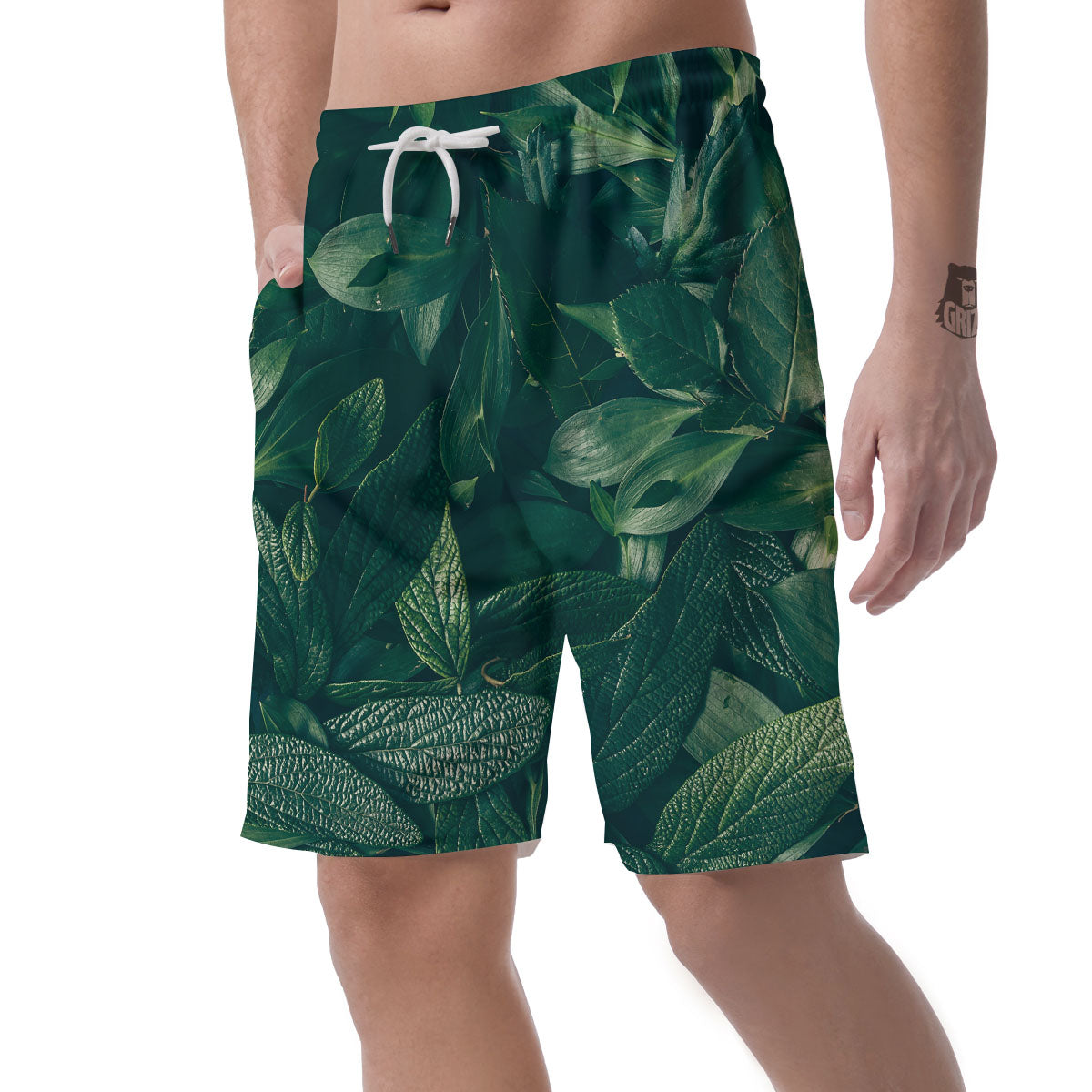 Green Natural Leaf Print Men's Shorts-grizzshop