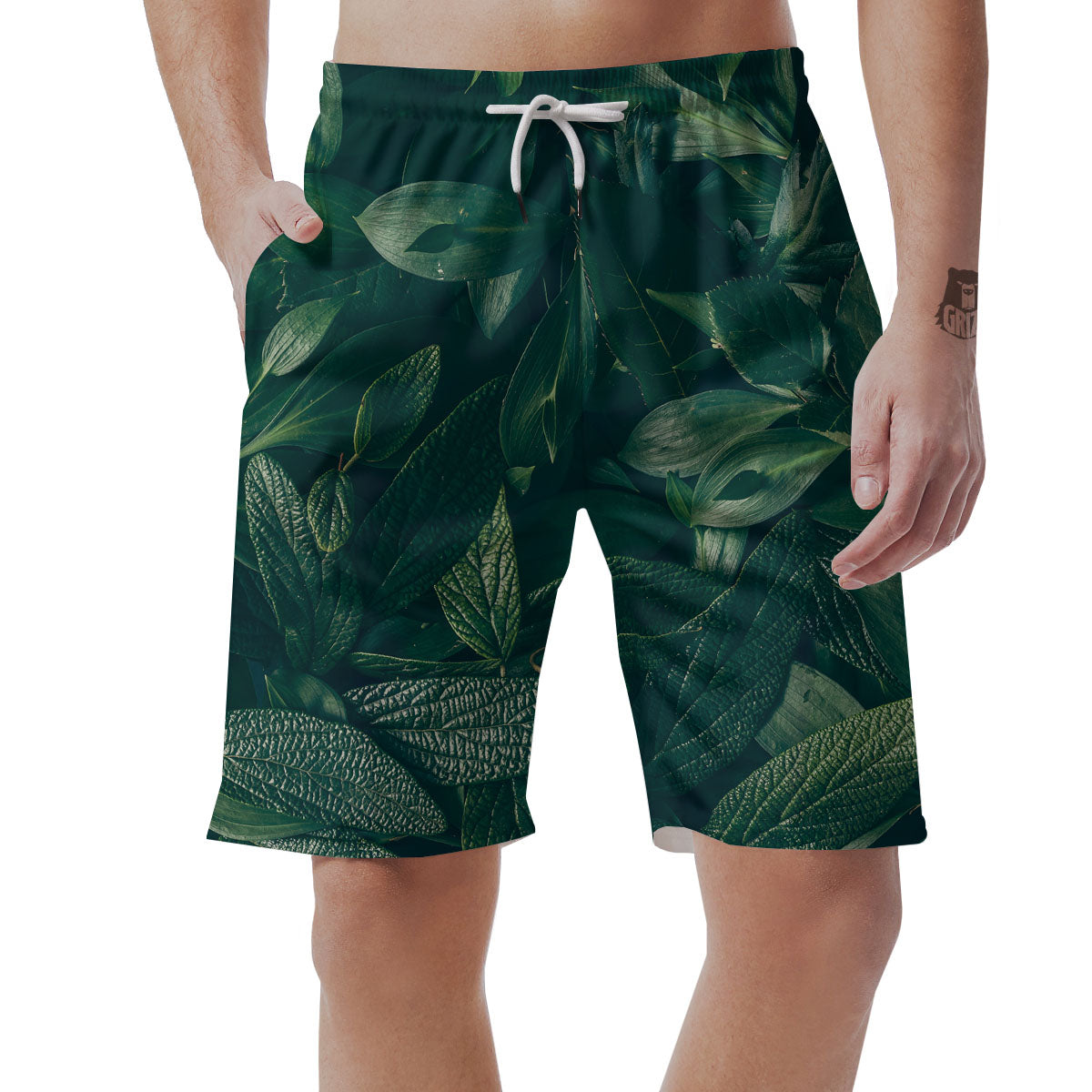 Green Natural Leaf Print Men's Shorts-grizzshop