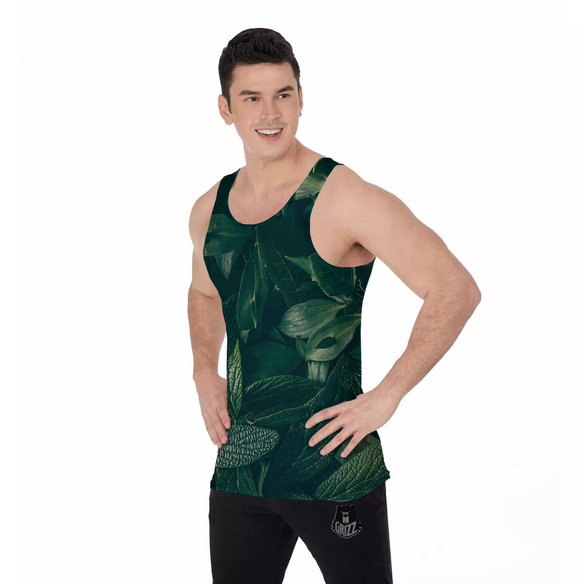 Green Natural Leaf Print Men's Tank Top-grizzshop