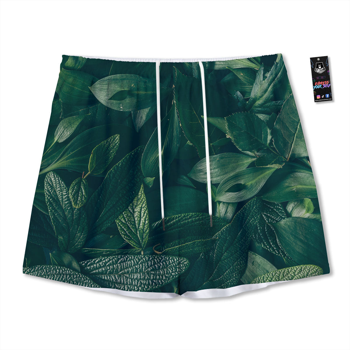 Green Natural Leaf Print Mesh Shorts