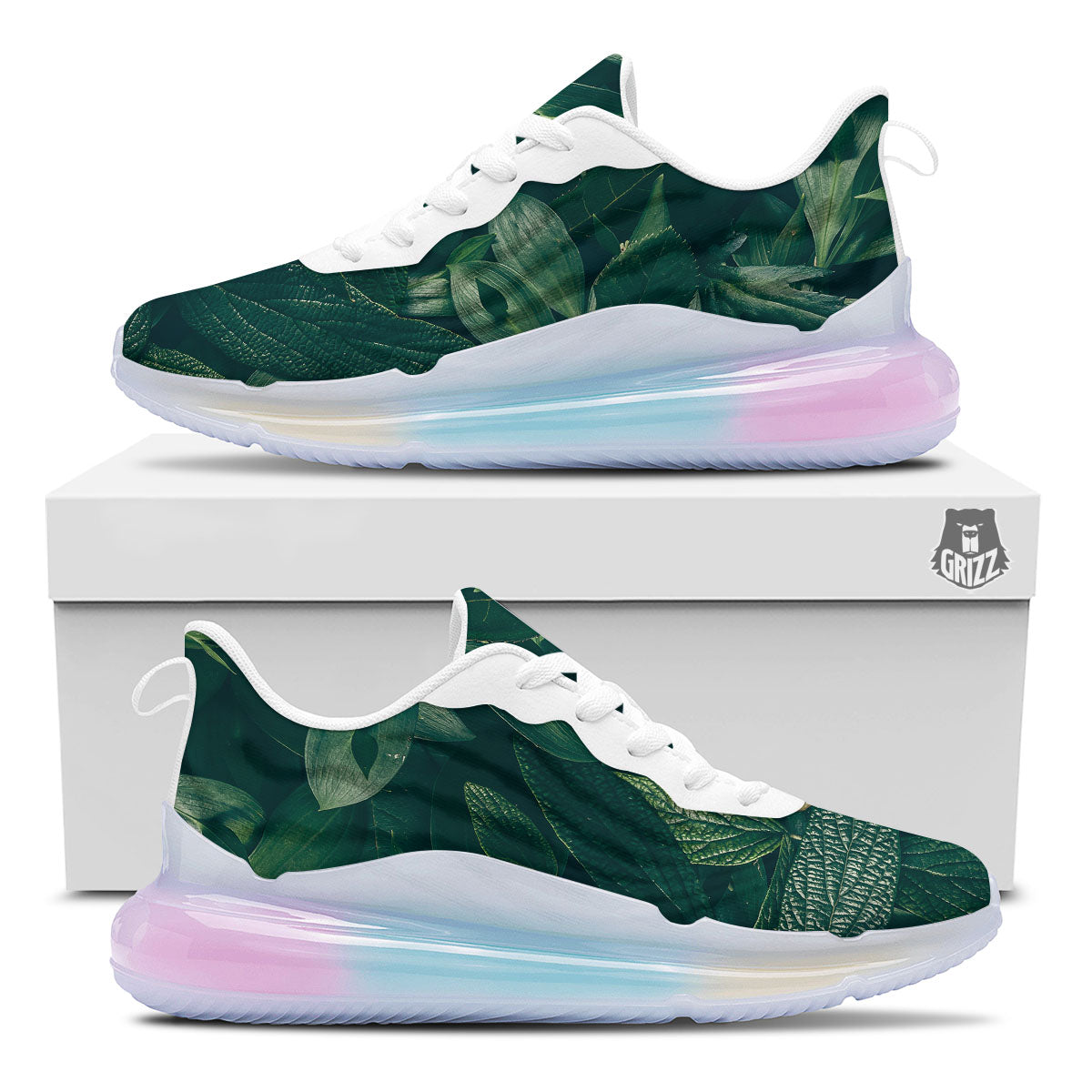 Green Natural Leaf Print Running Sneakers-grizzshop