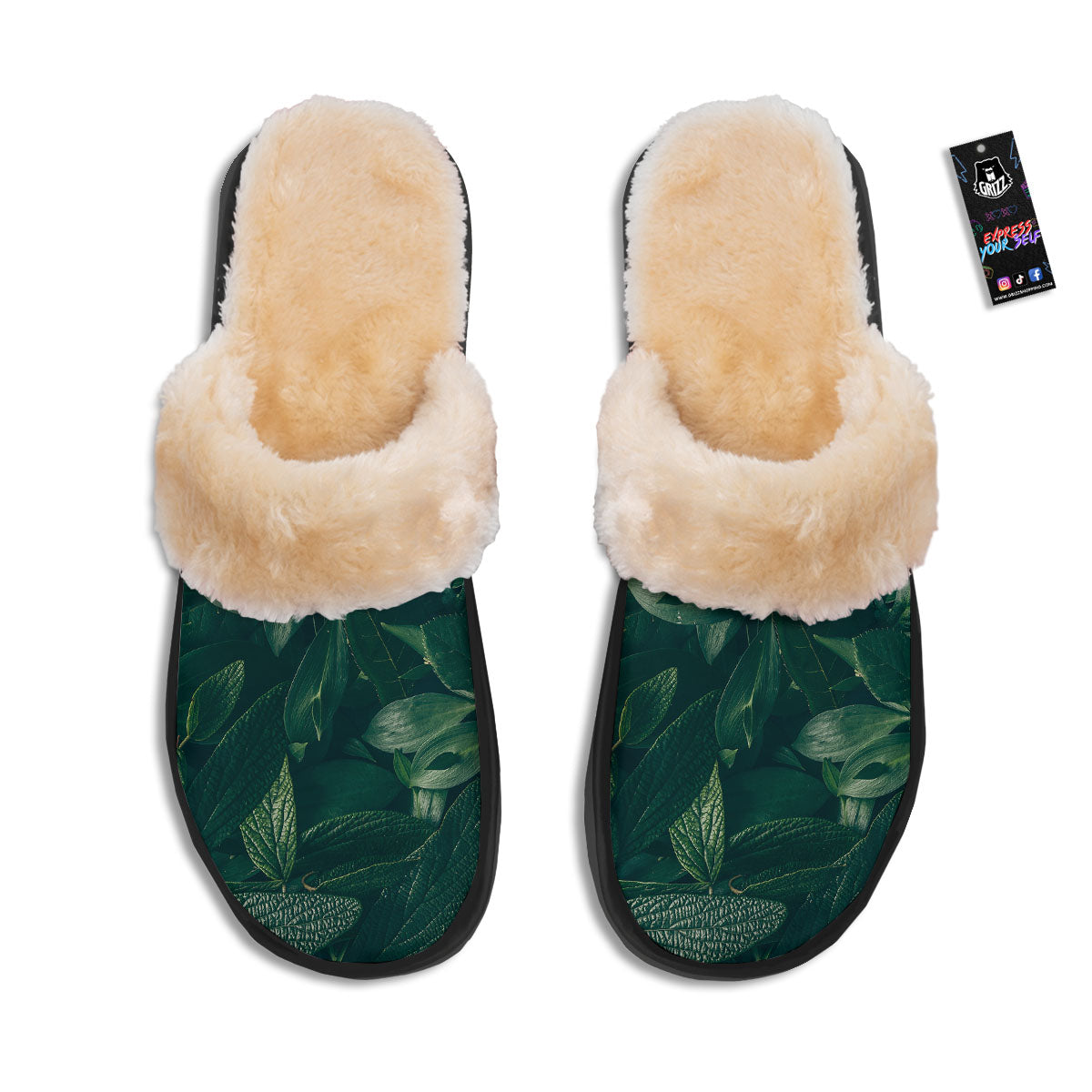 Green Natural Leaf Print Slippers-grizzshop