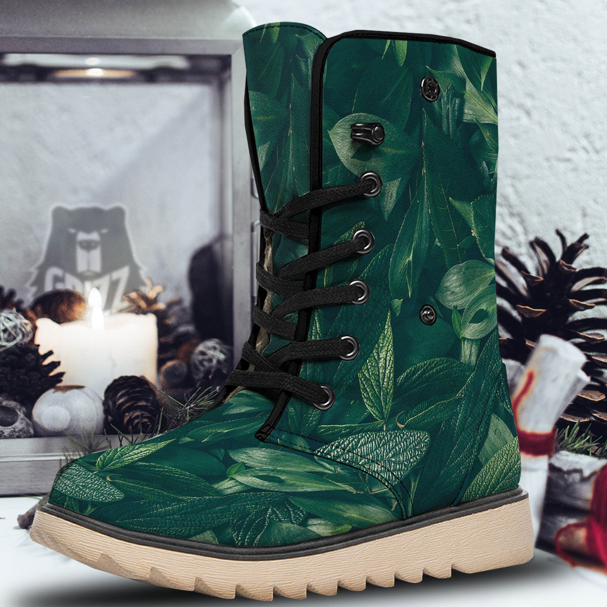 Green Natural Leaf Print Snow Boots-grizzshop