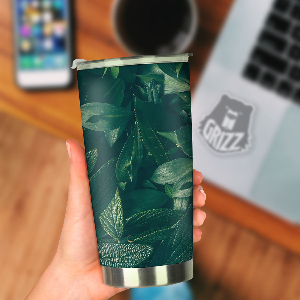 Green Natural Leaf Print Tumbler-grizzshop