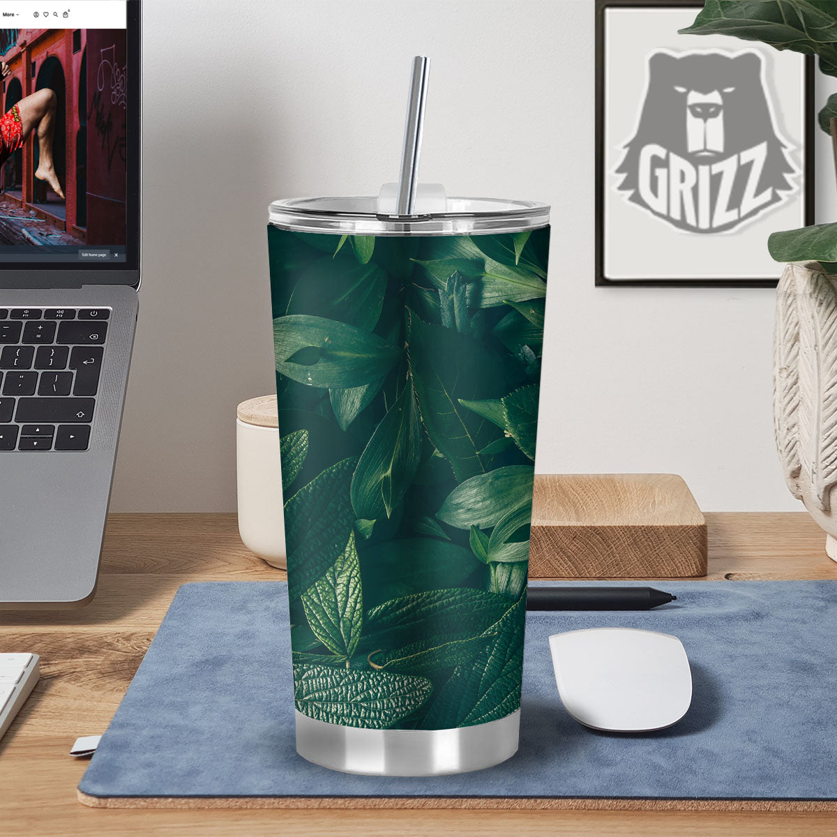 Green Natural Leaf Print Tumbler-grizzshop
