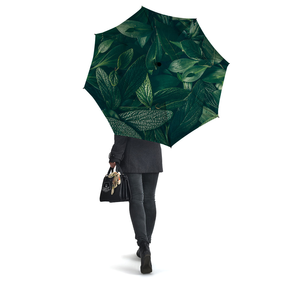 Green Natural Leaf Print Umbrella-grizzshop