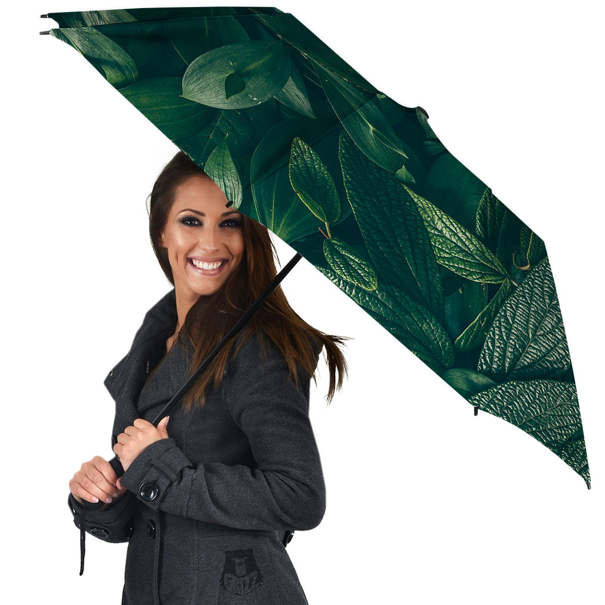 Green Natural Leaf Print Umbrella-grizzshop