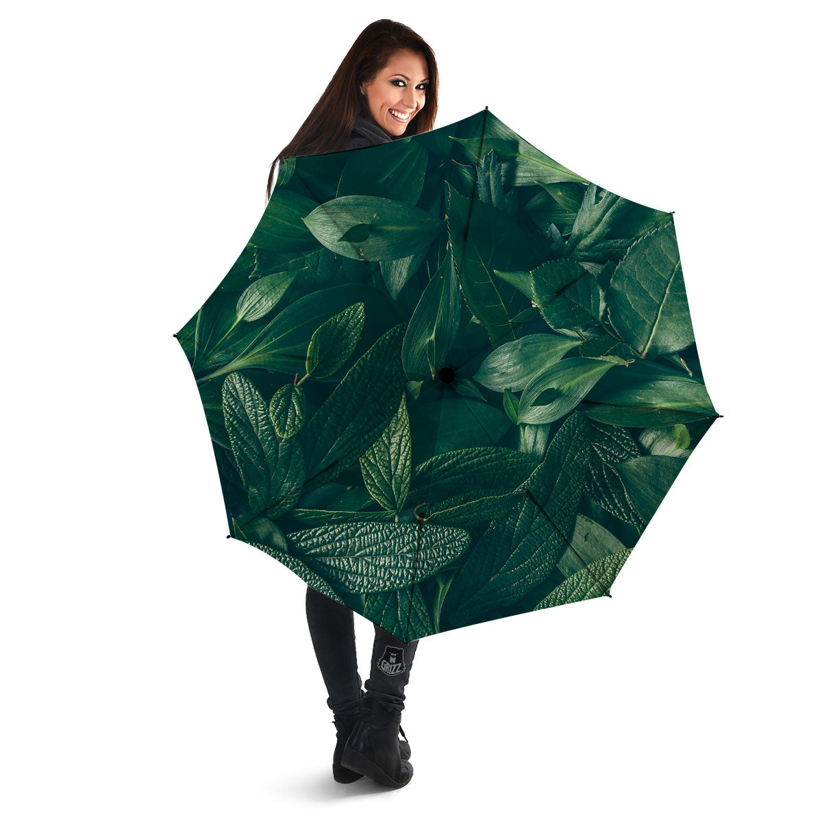 Green Natural Leaf Print Umbrella-grizzshop