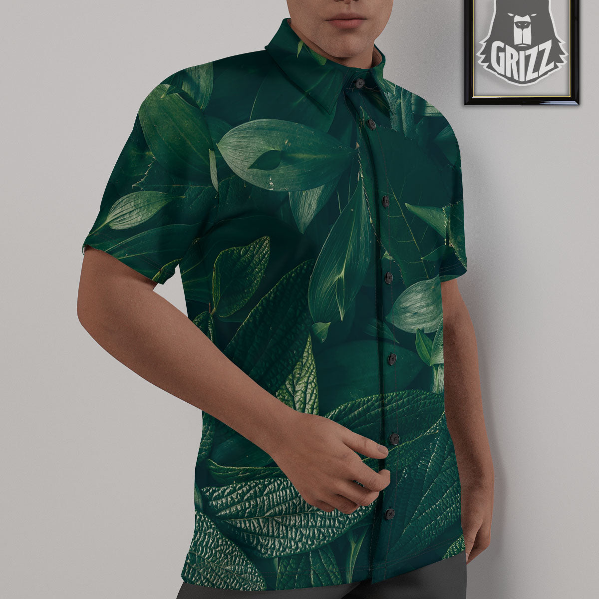 Green Natural Leaf Print Untucked Shirts-grizzshop
