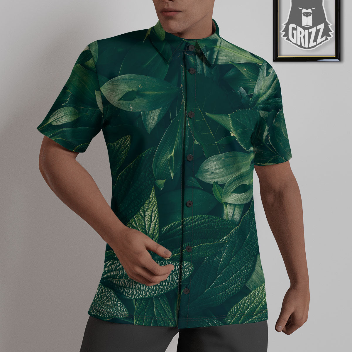 Green Natural Leaf Print Untucked Shirts-grizzshop