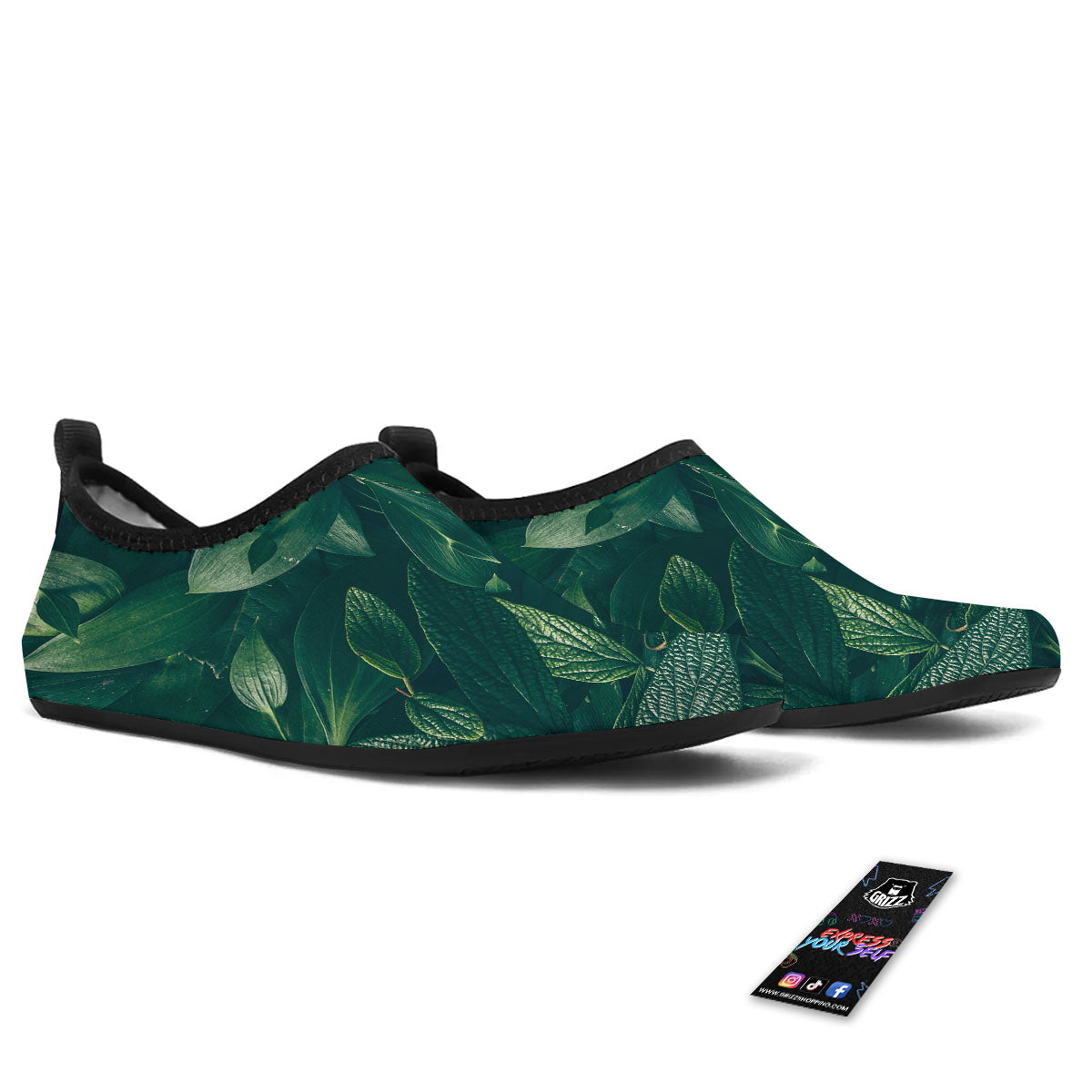 Green Natural Leaf Print Water Shoes-grizzshop