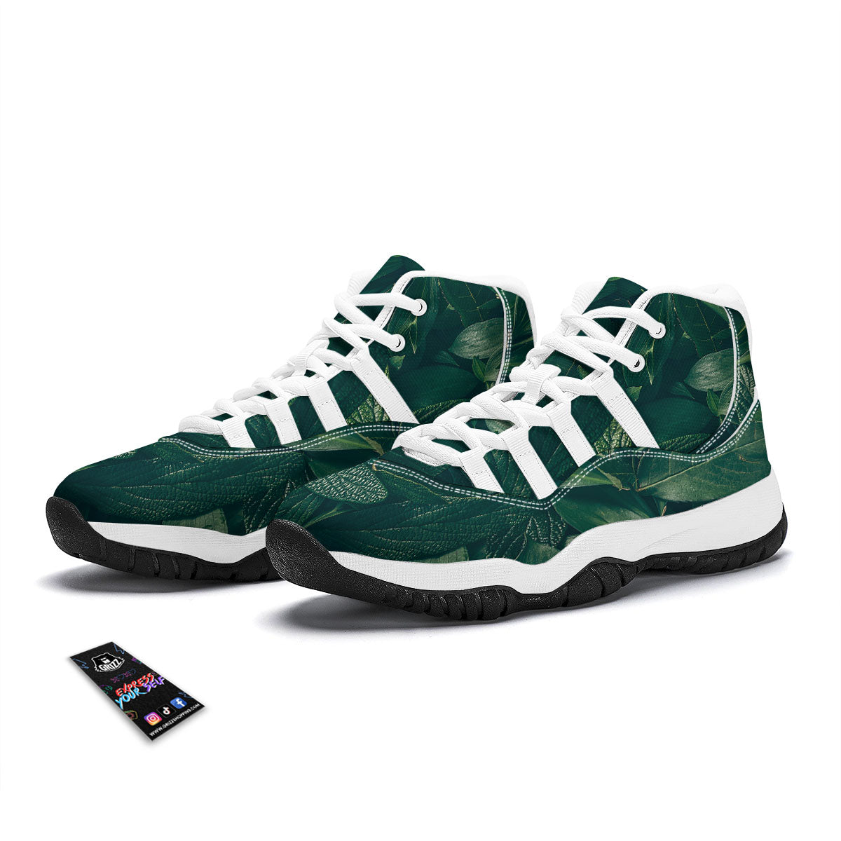 Green Natural Leaf Print White Bball Shoes-grizzshop