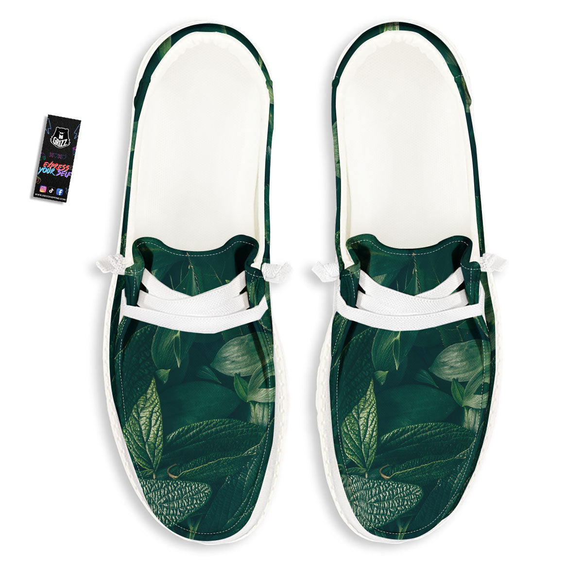 Green Natural Leaf Print White Loafers-grizzshop