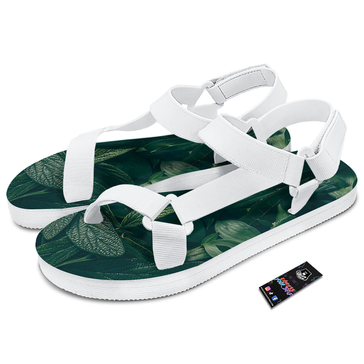 Green Natural Leaf Print White Open Toe Sandals-grizzshop
