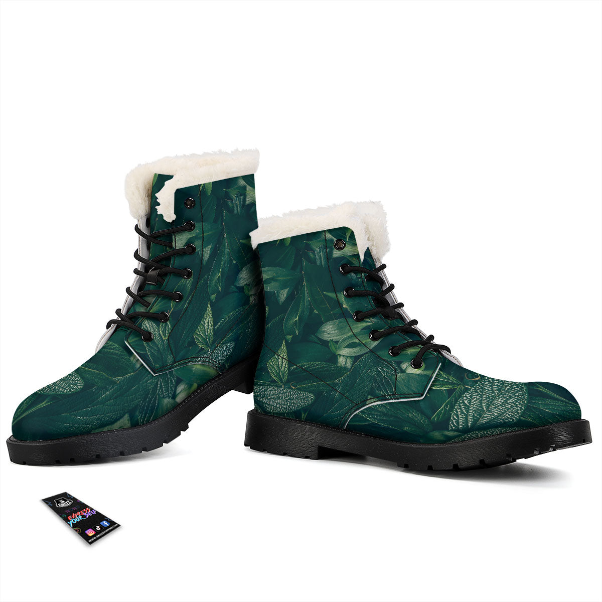 Green Natural Leaf Print Winter Boots-grizzshop