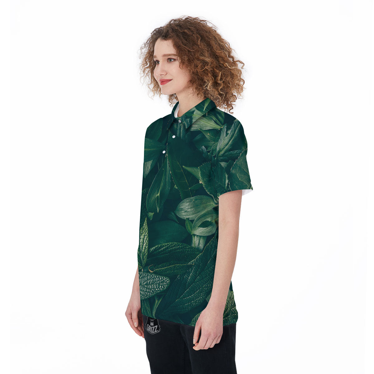 Green Natural Leaf Print Women's Golf Shirts-grizzshop