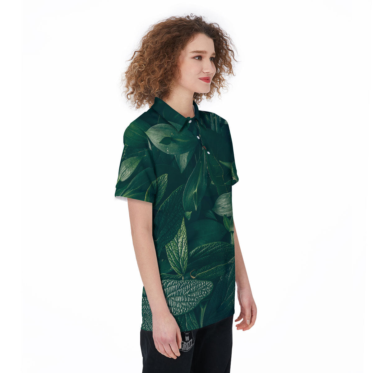 Green Natural Leaf Print Women's Golf Shirts-grizzshop