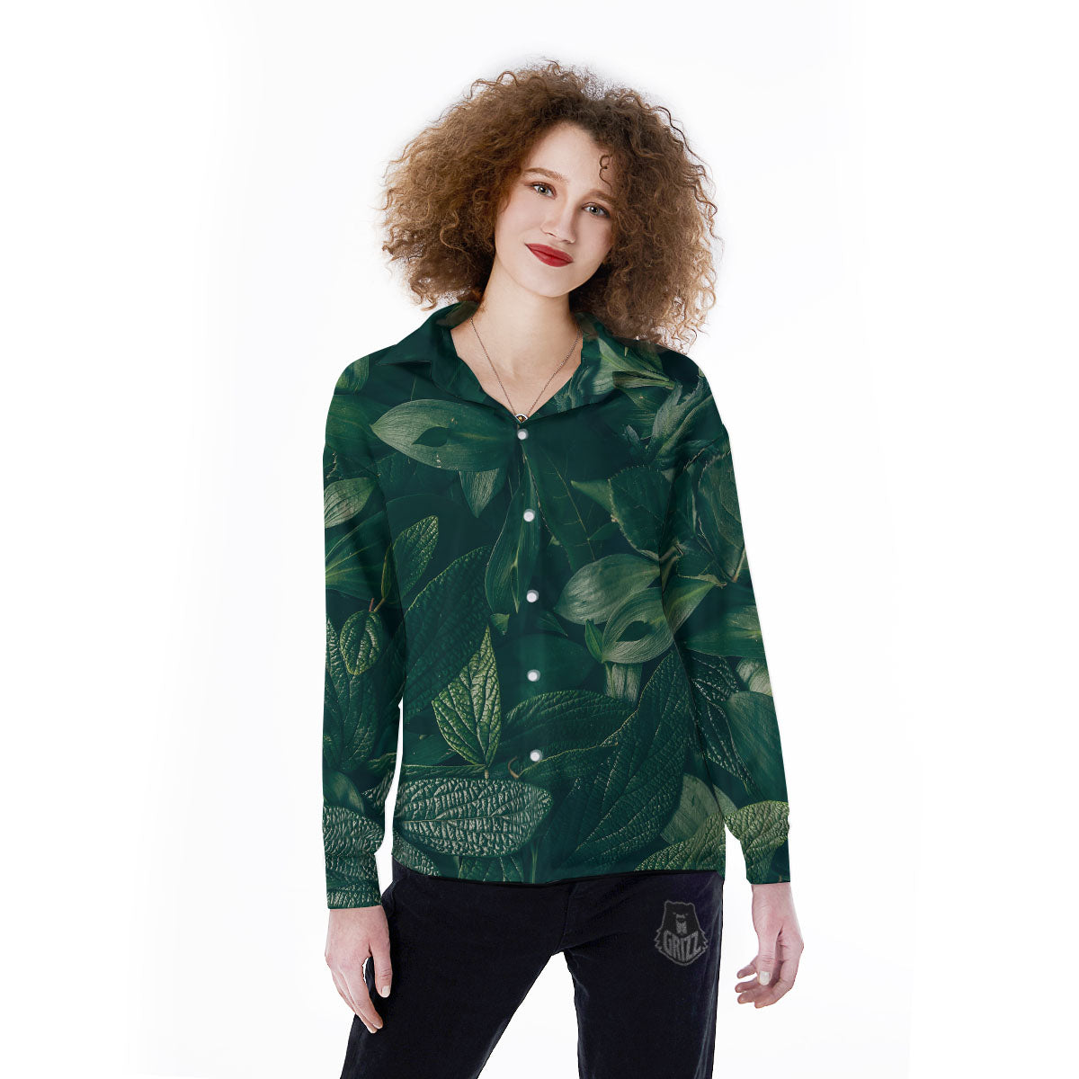 Green Natural Leaf Print Women's Long Sleeve Shirts-grizzshop