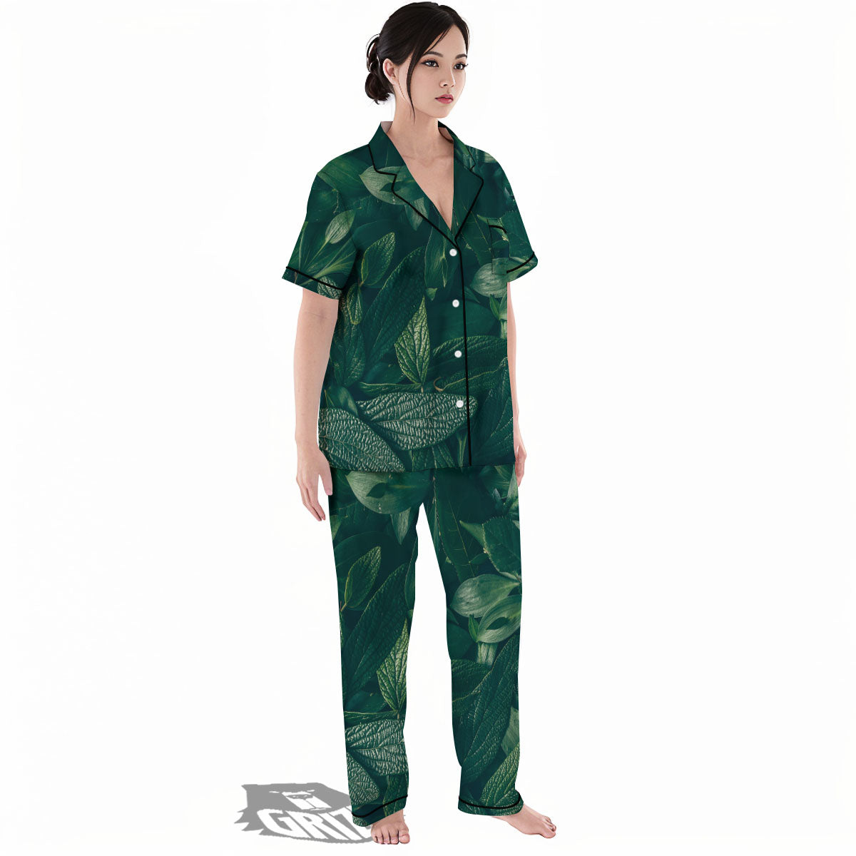 Green Natural Leaf Print Women's Pajamas Set-grizzshop