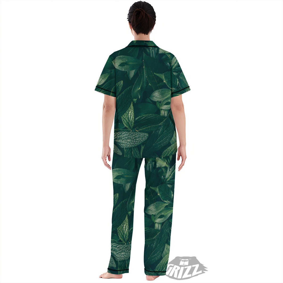 Green Natural Leaf Print Women's Pajamas Set-grizzshop