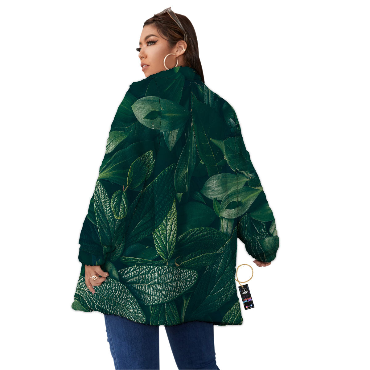 Green Natural Leaf Print Women's Sherpa Jacket-grizzshop