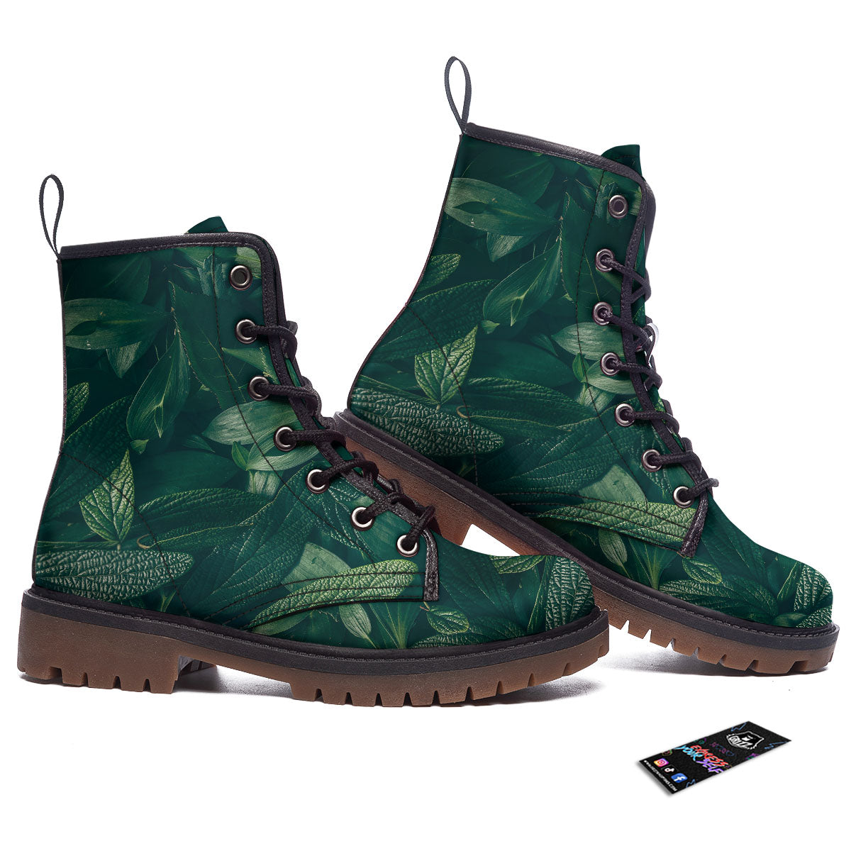 Green Natural Leaf Print Work Boots-grizzshop