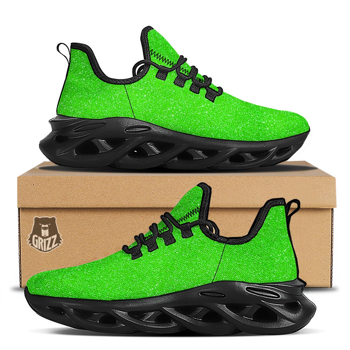 Green Neon Glitter Artwork Print Black Running Shoes-grizzshop