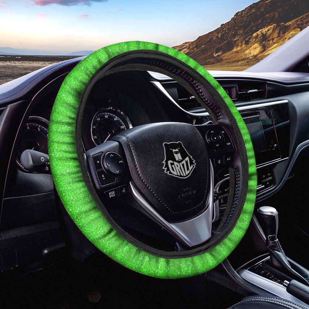 Green Neon Glitter Artwork Print Car Steering Wheel Cover-grizzshop