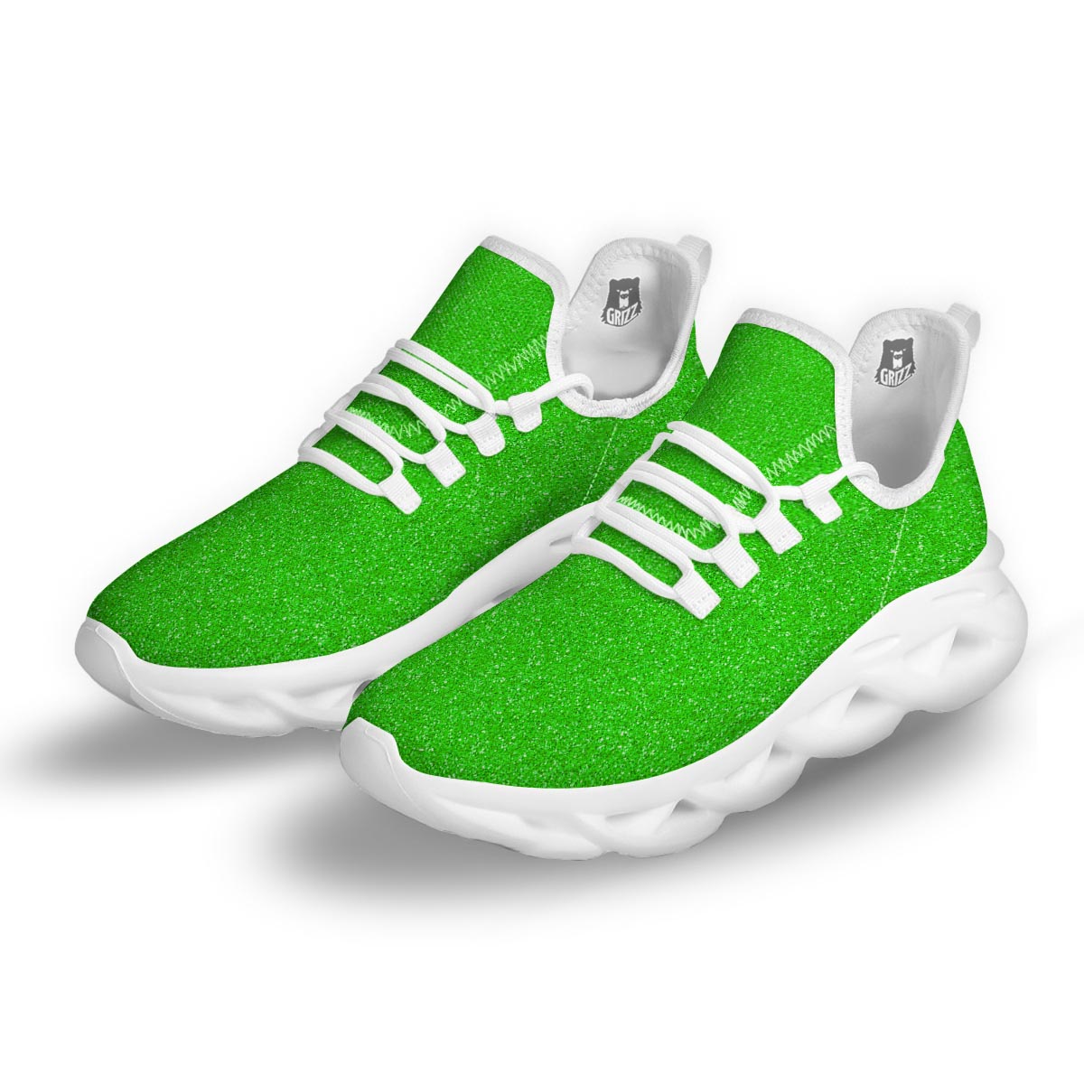 Green Neon Glitter Artwork Print White Running Shoes-grizzshop