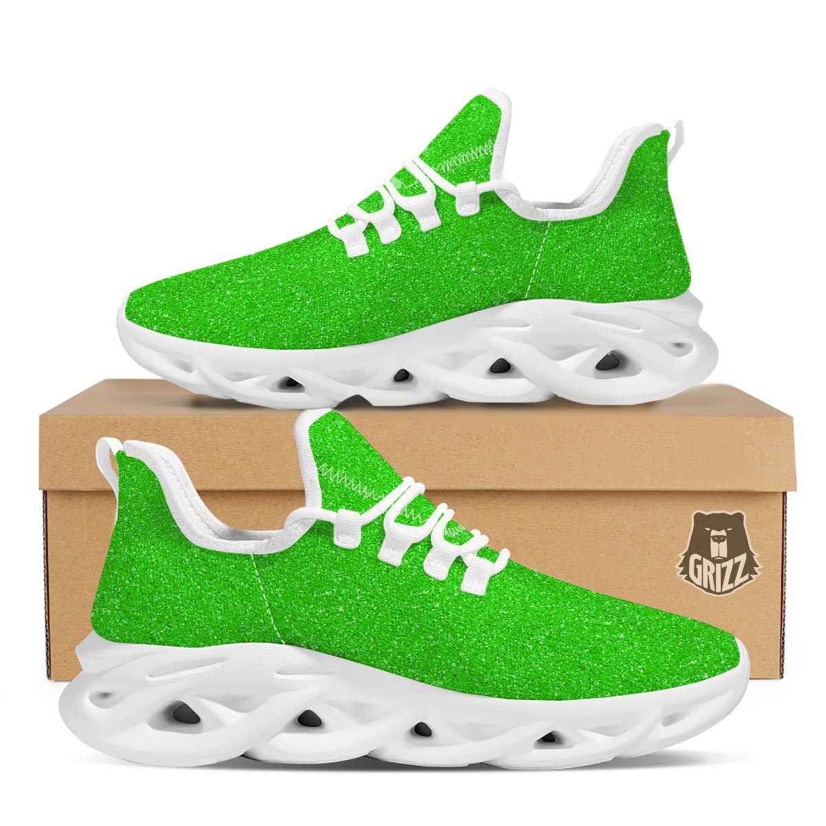 Green Neon Glitter Artwork Print White Running Shoes-grizzshop