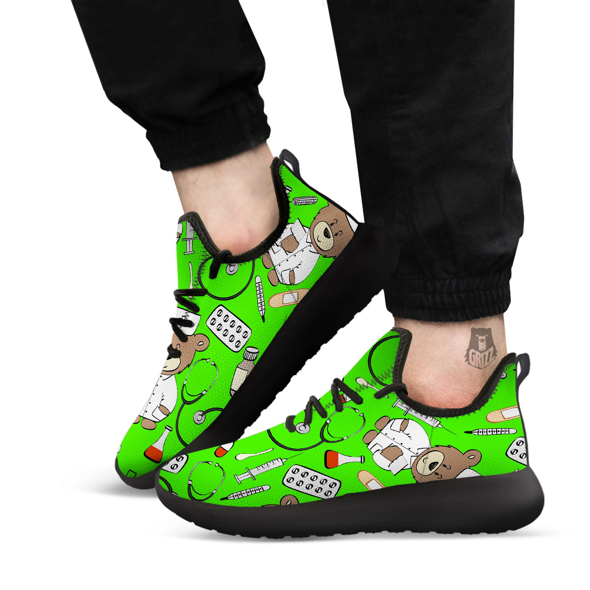 Green Neon Teddy Bear Nurse Black Athletic Shoes-grizzshop