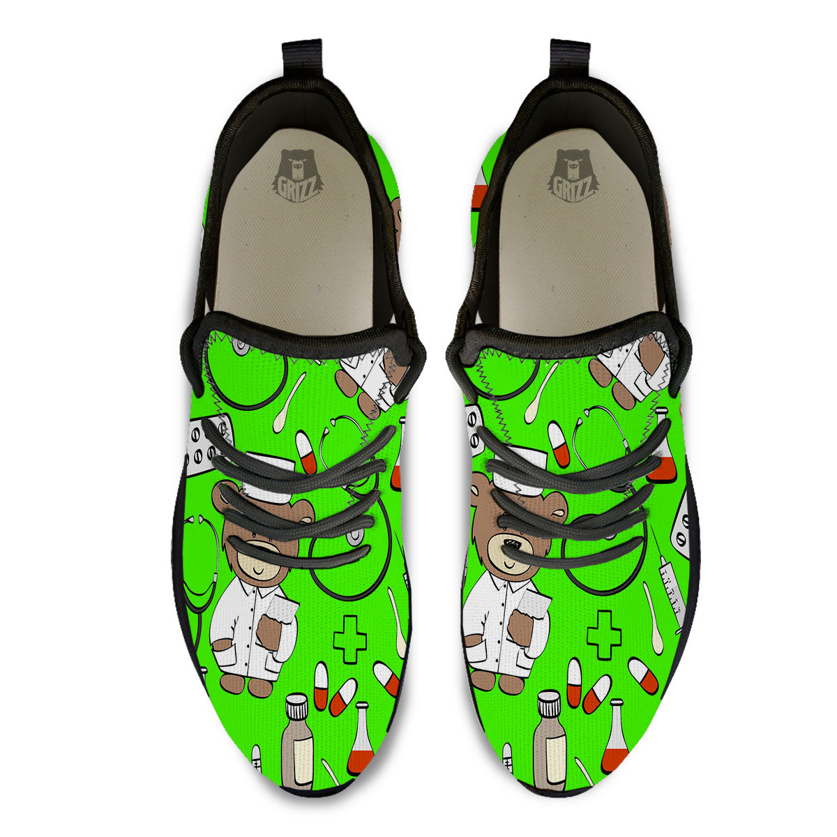 Green Neon Teddy Bear Nurse Black Athletic Shoes-grizzshop