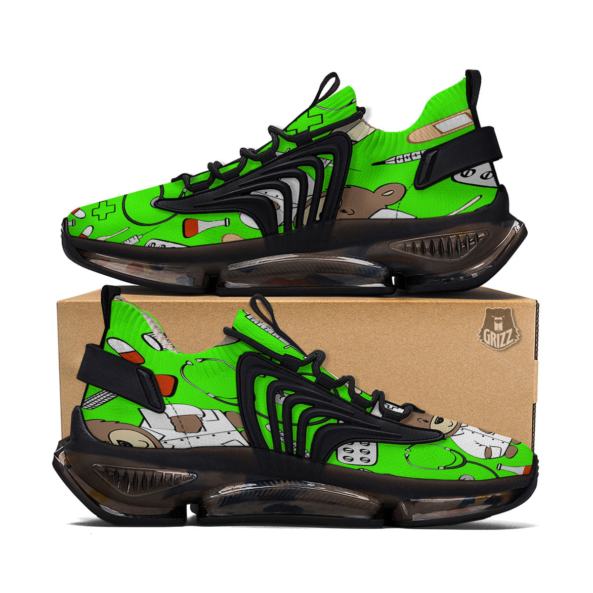 Green Neon Teddy Bear Nurse Black Gym Shoes-grizzshop