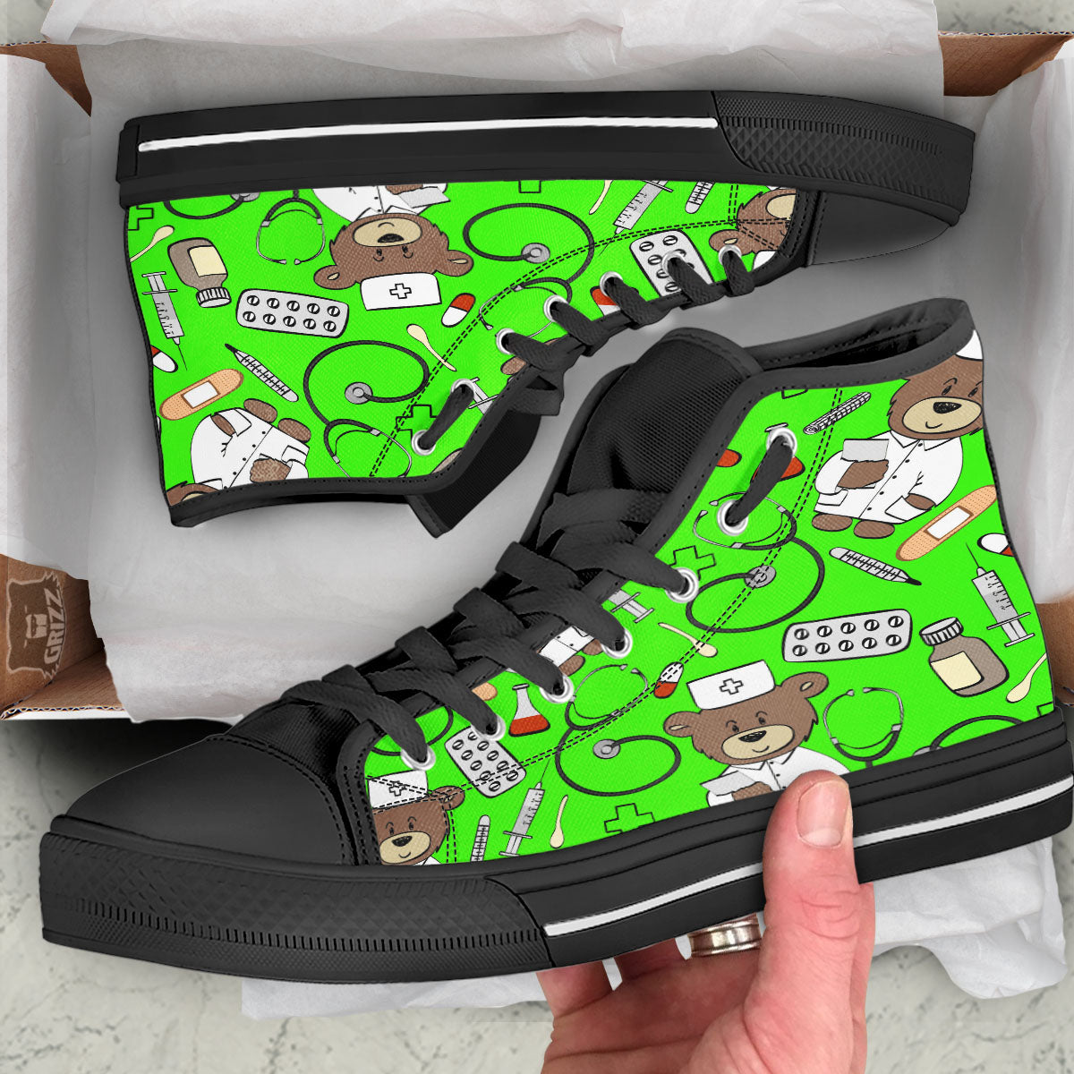 Green Neon Teddy Bear Nurse Black High Top Shoes-grizzshop