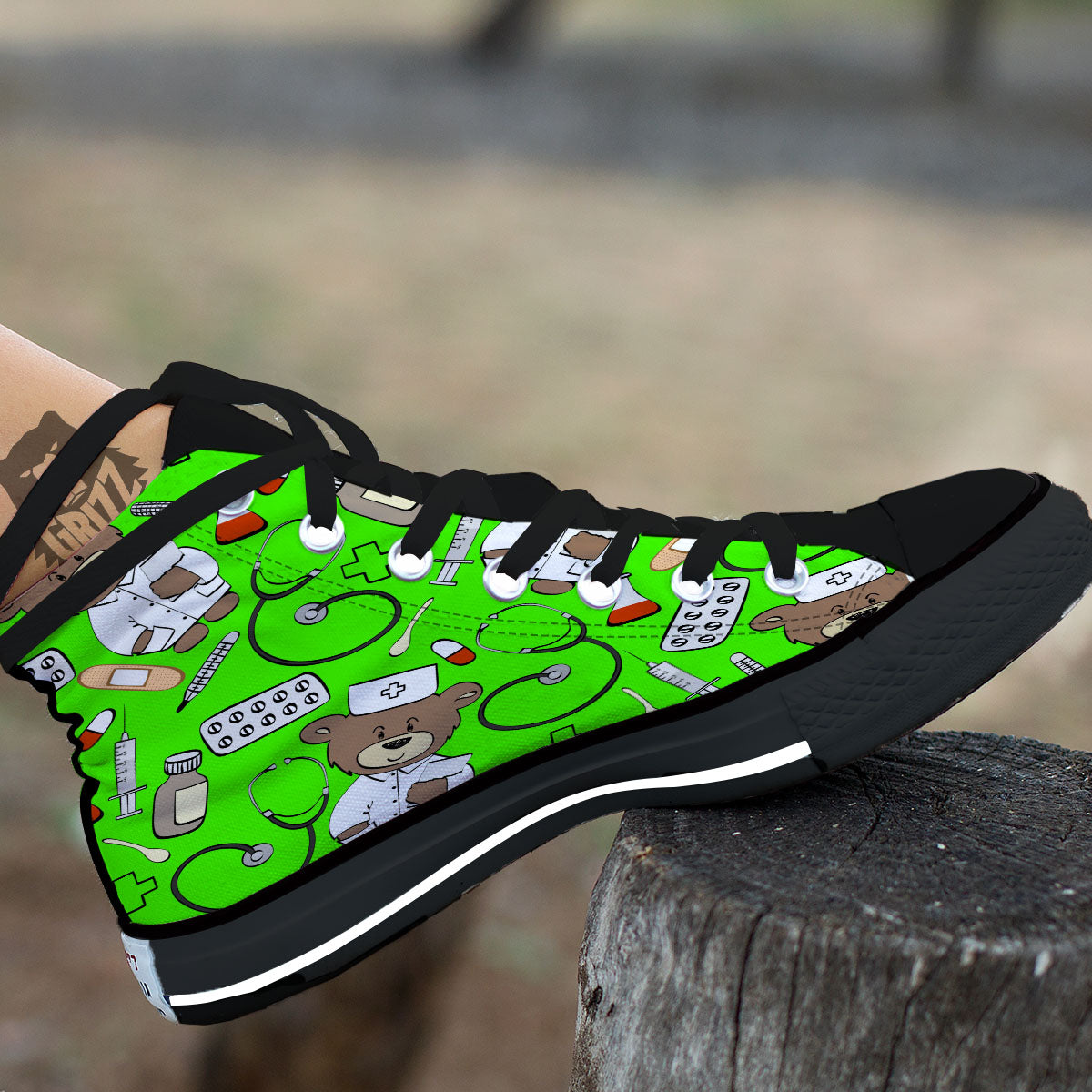 Green Neon Teddy Bear Nurse Black High Top Shoes-grizzshop