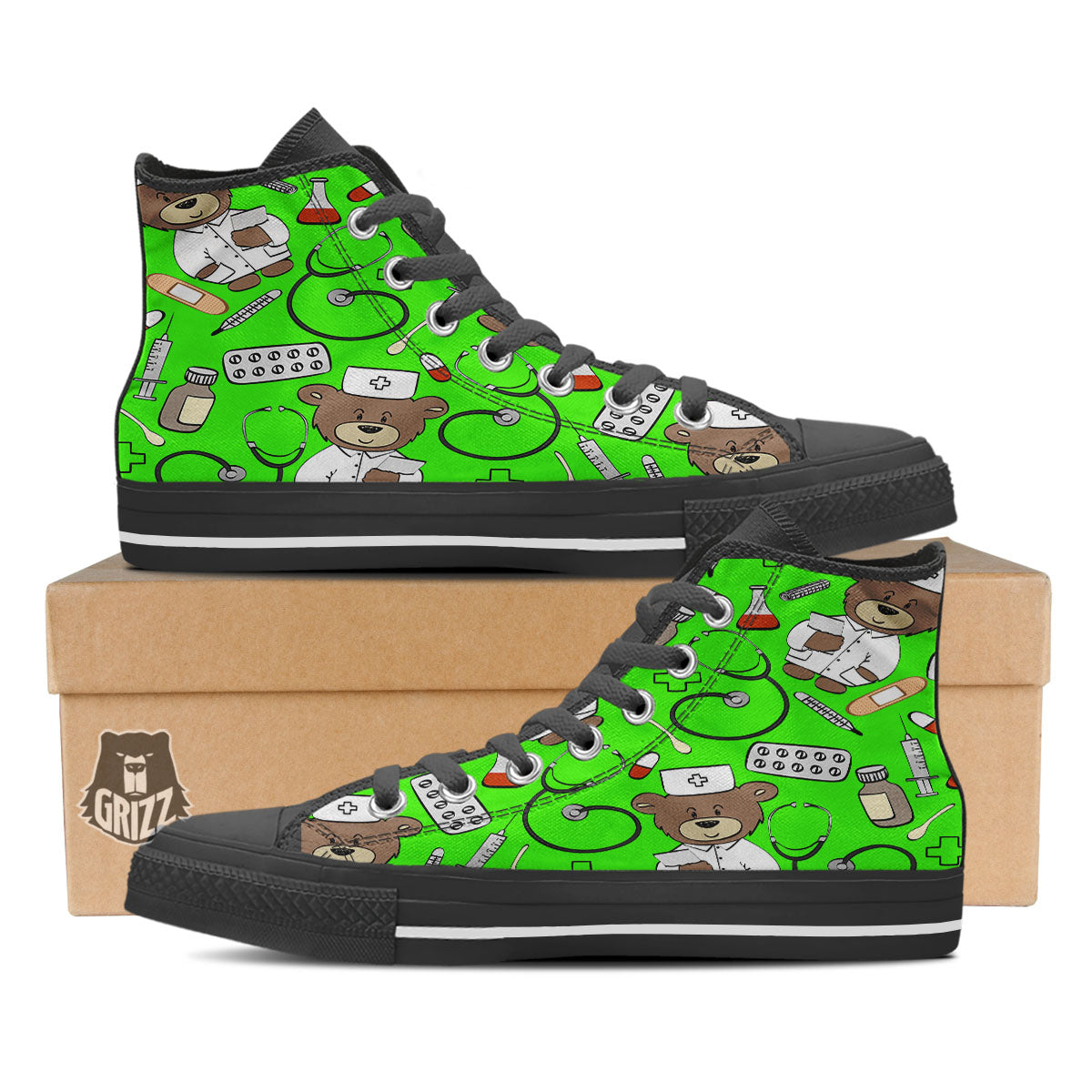 Green Neon Teddy Bear Nurse Black High Top Shoes-grizzshop